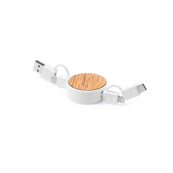  	Cable extensible USB con función cargador y de transferencia de datos. De línea nature y fabricado en coco del que, tras el consumo de su fruto, se pueden obtener multitud de productos, contribuyendo a la sostenibilidad del planeta y fomentando el uso de materias primas naturales. Conexiones Tipo C (entrada y salida), y dual Micro USB/Lightning. Con zona lisa para marcaje y presentado en caja individual de diseño eco en cartón kraft.