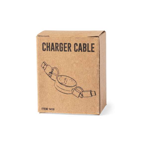  	Cable extensible USB con función cargador y de transferencia de datos. De línea nature y fabricado en coco del que, tras el consumo de su fruto, se pueden obtener multitud de productos, contribuyendo a la sostenibilidad del planeta y fomentando el uso de materias primas naturales. Conexiones Tipo C (entrada y salida), y dual Micro USB/Lightning. Con zona lisa para marcaje y presentado en caja individual de diseño eco en cartón kraft.
