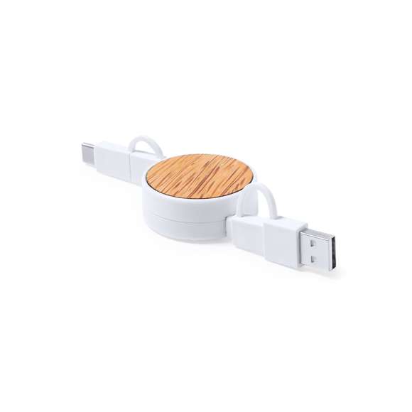  	Cable extensible USB con función cargador y de transferencia de datos. De línea nature y fabricado en coco del que, tras el consumo de su fruto, se pueden obtener multitud de productos, contribuyendo a la sostenibilidad del planeta y fomentando el uso de materias primas naturales. Conexiones Tipo C (entrada y salida), y dual Micro USB/Lightning. Con zona lisa para marcaje y presentado en caja individual de diseño eco en cartón kraft.