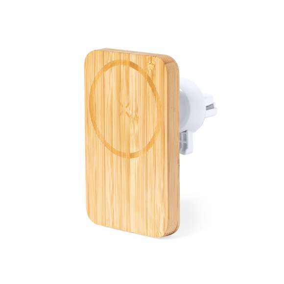 Soporte de rejilla de coche para smartphone de línea nature y fabricado en bambú. Con cargador inalámbrico 15W integrado y fijación magnética para poder usar el dispositivo mientras se está cargando. Incluye anillo adhesivo, siendo válido para todos los dispositivos con tecnología Magsafe y Qi. Presentado en caja individual de diseño eco en cartón kraft.