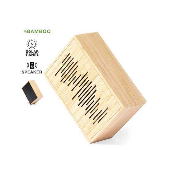 	Altavoz solar de línea nature, fabricado en bambú procedente de bosques sostenibles con certificación FSCTM. Recargable mediante paneles solares integrados o por cable USB. Conexión Bluetooth®, con 3W de potencia. Presentado en caja individual de diseño eco en cartón kraft.