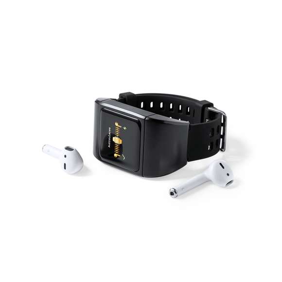  	Reloj inteligente multigadget con auriculares intraurales integrados en la carcasa. Con conexión Bluetooth® y diseño casual, correa en material TPU y pantalla TFT táctil de 1,30 pulgadas, que lo convierten en el gadget perfecto para todo tipo de actividades deportivas, de ocio y para el día a día. 	 	Resistente a salpicaduras de agua, con APP disponible para iOS y Android. Recargable por USB (cable incluido) y presentado en atractiva caja de diseño. Disponible manual de instrucciones en español e inglés.