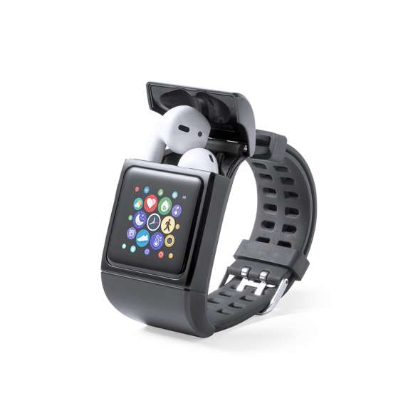  	Reloj inteligente multigadget con auriculares intraurales integrados en la carcasa. Con conexión Bluetooth® y diseño casual, correa en material TPU y pantalla TFT táctil de 1,30 pulgadas, que lo convierten en el gadget perfecto para todo tipo de actividades deportivas, de ocio y para el día a día. 	 	Resistente a salpicaduras de agua, con APP disponible para iOS y Android. Recargable por USB (cable incluido) y presentado en atractiva caja de diseño. Disponible manual de instrucciones en español e inglés.