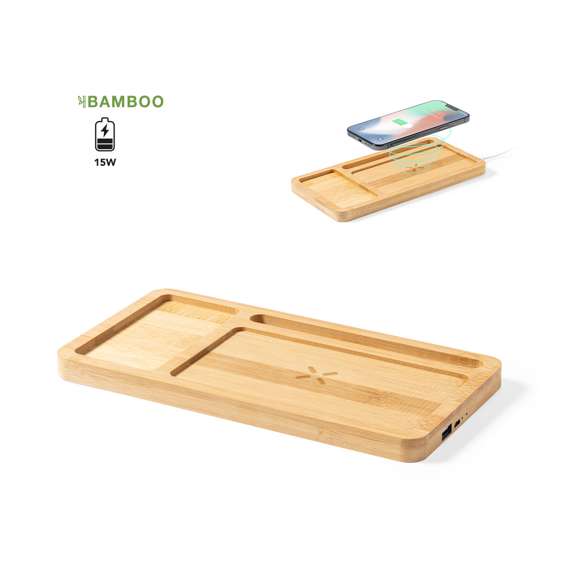 Cargador organizador inalámbrico 15W de línea nature. Con función soporte para smartphone y compartimento extra para objetos. Salida USB de 2.000 mA. Permite cargar de manera simultánea hasta 2 dispositivos (1 mediante carga inalámbrica y 1 mediante cable). Hecho en bambú procedente de cortes naturales y compatible con dispositivos equipados con tecnología de carga inalámbrica. Amplia superficie de marcaje y presentado en caja individual de diseño eco en cartón kraft.