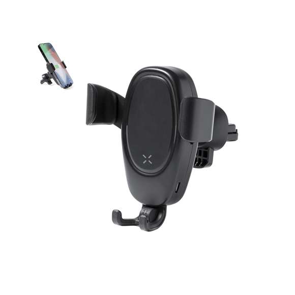 Soporte de rejilla de coche para smartphone con cargador inalámbrico 10W integrado. Mecanismo de ajuste automático universal para poder usar el dispositivo mientras se está cargando. Compatible con dispositivos equipados con tecnología de carga inalámbrica. Presentado en atractiva caja individual de diseño.