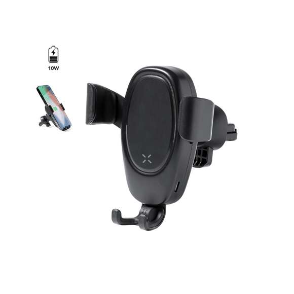 Soporte de rejilla de coche para smartphone con cargador inalámbrico 10W integrado. Mecanismo de ajuste automático universal para poder usar el dispositivo mientras se está cargando. Compatible con dispositivos equipados con tecnología de carga inalámbrica. Presentado en atractiva caja individual de diseño.
