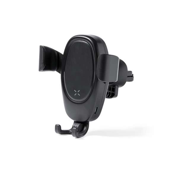 Soporte de rejilla de coche para smartphone con cargador inalámbrico 10W integrado. Mecanismo de ajuste automático universal para poder usar el dispositivo mientras se está cargando. Compatible con dispositivos equipados con tecnología de carga inalámbrica. Presentado en atractiva caja individual de diseño.