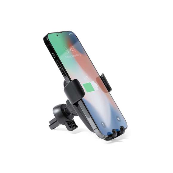 Soporte de rejilla de coche para smartphone con cargador inalámbrico 10W integrado. Mecanismo de ajuste automático universal para poder usar el dispositivo mientras se está cargando. Compatible con dispositivos equipados con tecnología de carga inalámbrica. Presentado en atractiva caja individual de diseño.