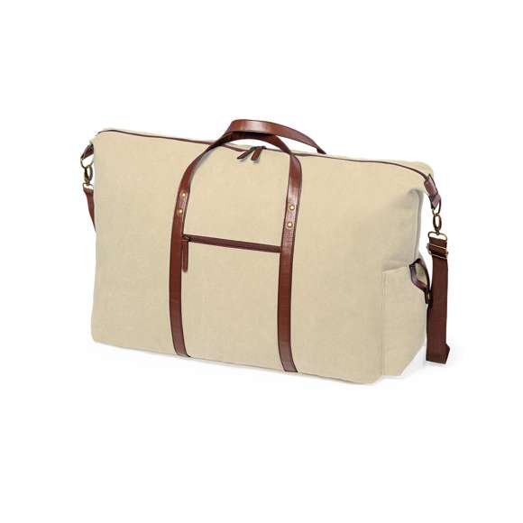 Elegante bolso fabricado en resistente canvas de 480g/m2, con prácticas y resistentes asas en polipiel alrededor del bolso. Compartimento principal con cierre de cremallera a juego con las asas y cinta para hombro ajustable con mosquetón. Incluye bolsillo exterior de fácil acceso.
