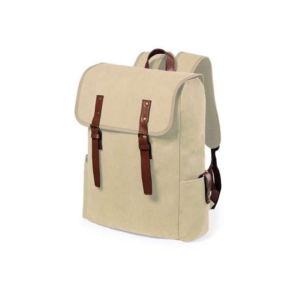  	Mochila de diseño atemporal, fabricada en resistente canvas de 480g/m2, con cintas de cierre y asa de transporte en polipiel. Interior acolchado con compartimentos independientes para tablet de hasta 10 pulgadas y ordenador portátil de hasta 15 pulgadas. Con prácticos bolsillos laterales en el exterior, espalda acolchada y cintas para hombros ajustables y acolchadas.