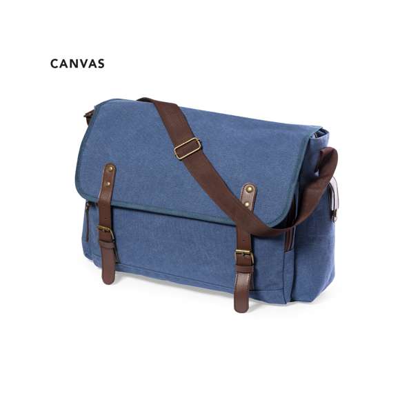 Portadocumentos bandolera de diseño atemporal, fabricado en resistente canvas de 480g/m2, con cintas de cierre en polipiel y práctica cinta para hombro ajustable. Interior acolchado con compartimentos independientes para tablet de hasta 10 pulgadas y ordenador portátil de hasta 15 pulgadas. Incluye prácticos bolsillos laterales en el exterior.