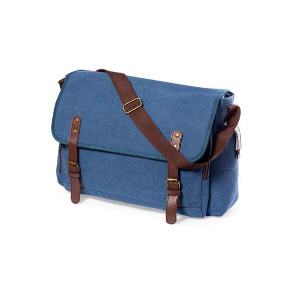 Portadocumentos bandolera de diseño atemporal, fabricado en resistente canvas de 480g/m2, con cintas de cierre en polipiel y práctica cinta para hombro ajustable. Interior acolchado con compartimentos independientes para tablet de hasta 10 pulgadas y ordenador portátil de hasta 15 pulgadas. Incluye prácticos bolsillos laterales en el exterior.