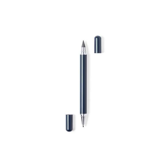 Bolígrafo lápiz eterno 2 en 1, fabricado en resistente metal de acabado brillo. Con cierre de capucha, incluye bolígrafo en un extremo (carga jumbo y tinta azul), y lápiz eterno en el otro extremo, para así usar siempre el mismo lápiz y no generar residuos. Presentado en estuche individual negro.