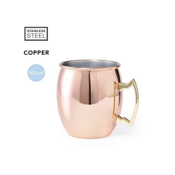 Taza de 500 ml de capacidad en acero inox con recubrimiento exterior de cobre galvanizado. Innovador diseño de asa y presentada en atractiva caja individual.