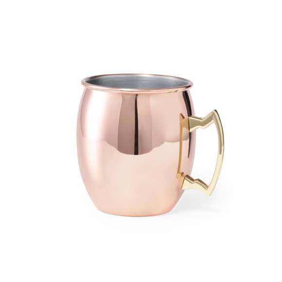 Taza de 500 ml de capacidad en acero inox con recubrimiento exterior de cobre galvanizado. Innovador diseño de asa y presentada en atractiva caja individual.