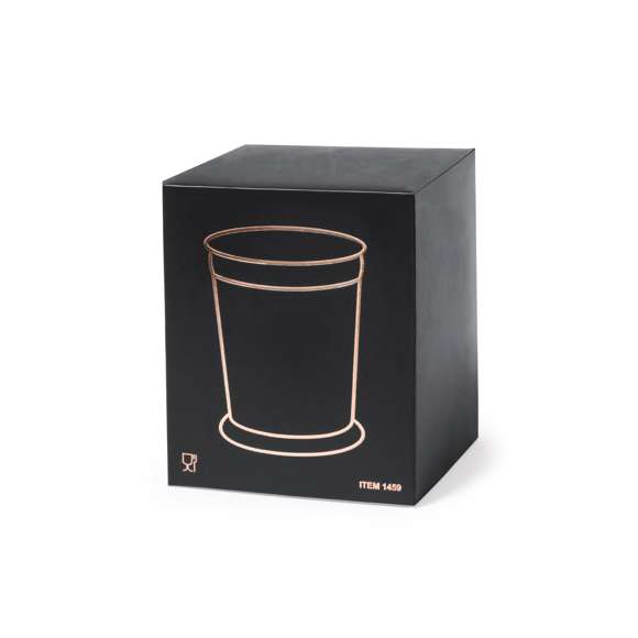 Vaso de 400 ml de capacidad en acero inox con recubrimiento exterior de cobre galvanizado. De innovador diseño y presentado en atractiva caja individual.