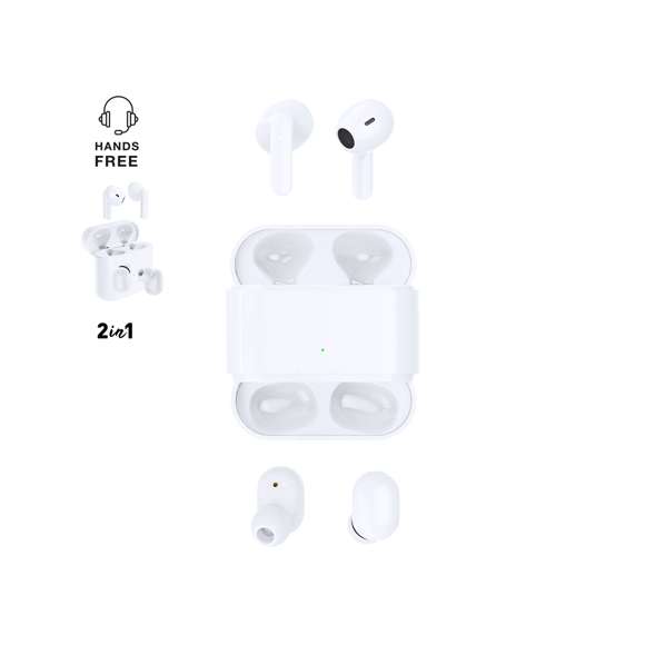 Estuche con 2 pares de auriculares intraurales en elegante acabado blanco y en 2 diseños ergonómicos. Conexión Bluetooth® 5.0, con botón de control táctil integrado en el auricular, base de carga a juego e indicadores de estado de carga. Función manos libres y recargables por USB. Presentados en una atractiva caja de diseño.