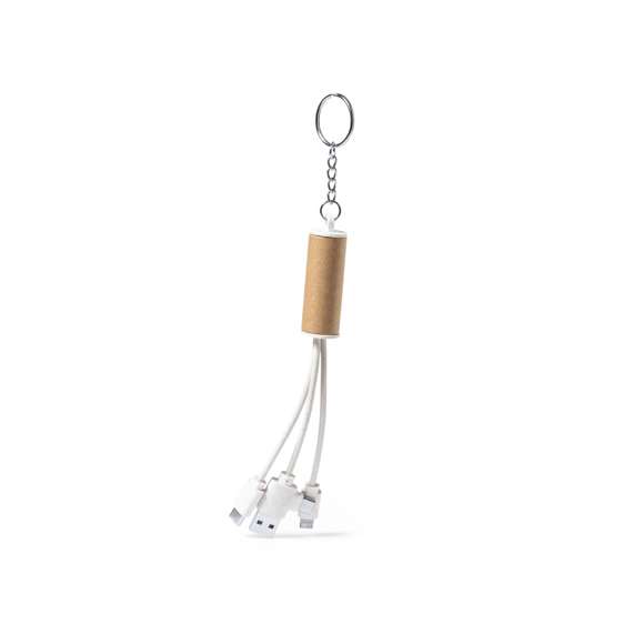  	Cable cargador USB de línea nature, fabricado en combinación de cartón reciclado y caña de trigo, para así fomentar la utilización de materias primas naturales y reducir las emisiones contaminantes. Con conexiones USB, Tipo C y dual micro USB-Lightning. Con anilla/llavero para fácil transporte y zona lisa para marcaje. Presentado en bolsa individual autocierre de acabado kraft y diseño eco.
