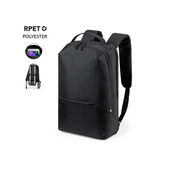 Mochila fabricada en resistente poliéster 600D RPET, elaborado a partir de plástico reciclado, para así fomentar la reutilización de residuos plásticos y ayudar a la sostenibilidad del planeta. Compartimento principal con cierre de cremallera de doble tirador y bolsillo en frontal. Interior con bolsillos acolchados para tablet de hasta 10 pulgadas y ordenador portátil de hasta 15 pulgadas. Accesorio de ajuste en trolley, con bolsillo antirrobo en parte trasera. Espalda y cintas de hombros acolchadas y ajustables, con distintivo RPET en etiqueta.