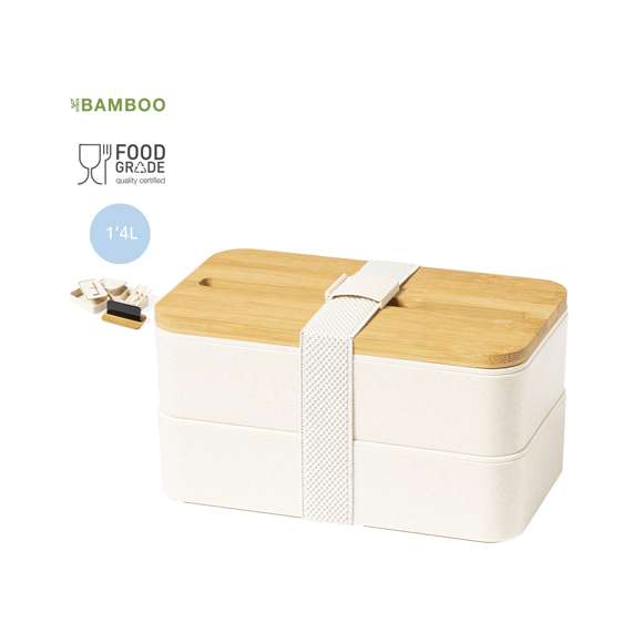 Original set de fiambreras de 1,4l en resistente material PP veteado libre de BPA. Original tapa de bambú con soporte para smartphone integrado. Dos compartimentos, cada uno de 700 ml de capacidad y compartimento interior con tenedor, cuchara y cuchillo. Incluye cinta de seguridad exterior. Certificación Food Grade, garantizando la seguridad cuando los alimentos entran en contacto con el material usado para fabricar el producto.