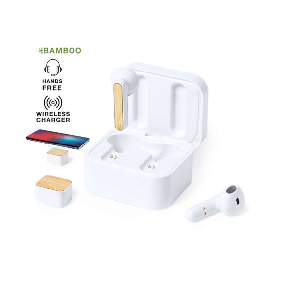 Auriculares intraurales de línea nature. Fabricados en resistente ABS con detalles en bambú en auriculares y base. Conexión Bluetooth® 5.0 y función manos libres, con botón de control táctil en el auricular. Incluye cargador inalámbrico 10W integrado en la tapa de bambú de la base de caga. Recargables por USB, con cable Tipo C incluido. Presentados en caja individual de diseño eco en cartón kraft.