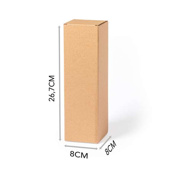  	Caja de presentación especialmente diseñada para bidones. Tamaño 8x26,7x8 cm y fabricada en cartón reciclado corrugado de acabado kraft. En línea con la tendencia del mercado hacia la sostenibilidad integral del regalo, ofreciendo soluciones de origen reciclado con el fin de ayudar a la mejora y conservación de nuestro planeta.