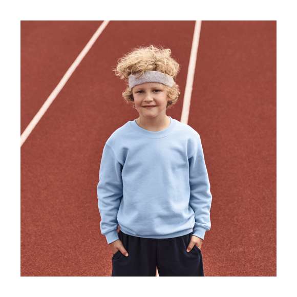 Sudadera para niño Classic Set-In Sweat de Fruit Of The Loom. Fabricada en combinación de materiales 80% algodón + 20% poliéster de 280g/m2. Con tapeta de hombro a hombro en punto liso y cuello, cintura y puños en algodón/ LYCRA®. Con etiqueta fácilmente removible y disponible en variada gama de colores. Tallas 3-4, 5-6, 7-8, 9-11, 12-13, 14-15.