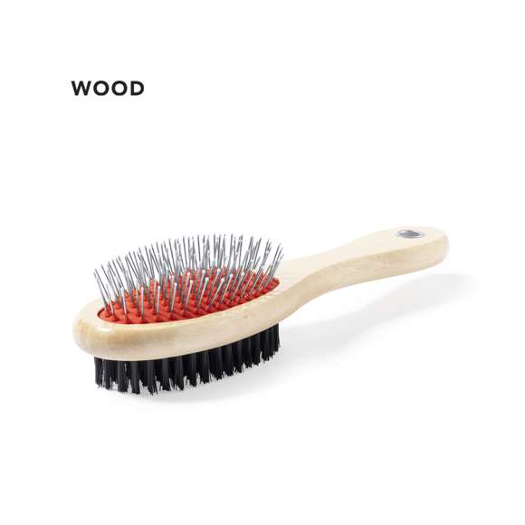 Cepillo para mascotas con cuerpo en resistente madera natural. Con dos tipos de cepillo diferentes, uno en cada lado.