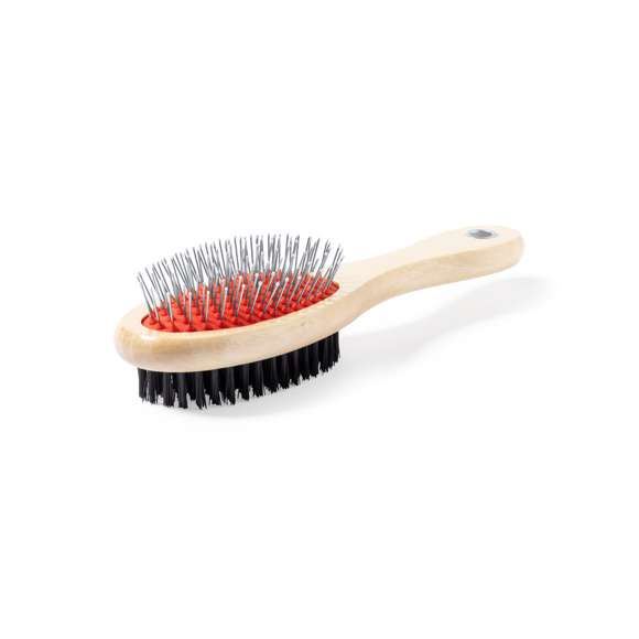 Cepillo para mascotas con cuerpo en resistente madera natural. Con dos tipos de cepillo diferentes, uno en cada lado.