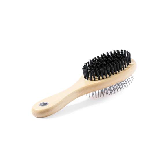 Cepillo para mascotas con cuerpo en resistente madera natural. Con dos tipos de cepillo diferentes, uno en cada lado.