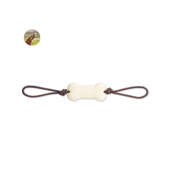 Mordedor para mascotas, con hueso fabricado en resistente material TPR, seguro e inofensivo para la mascota. Cordón en resistente poliéster.