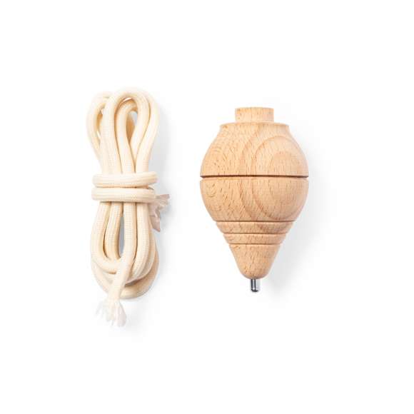 Peonza fabricada en resistente madera maciza, con cuerda en algodón de 120 cm de largo.