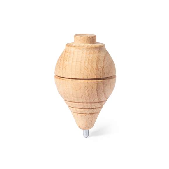 Peonza fabricada en resistente madera maciza, con cuerda en algodón de 120 cm de largo.