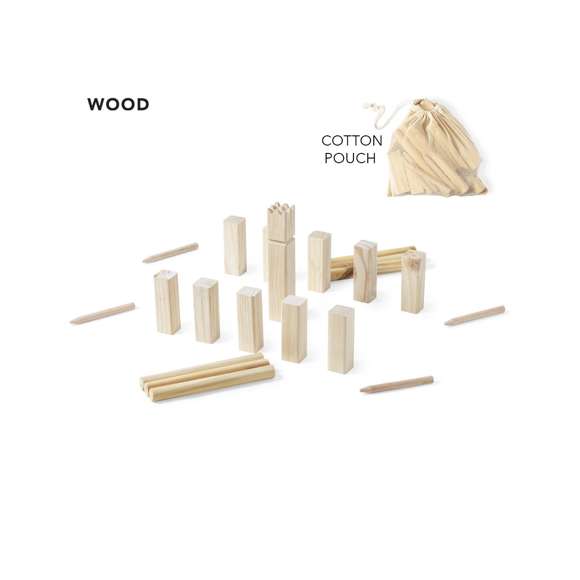 Juego ancestral de kubb fabricado en resistente madera natural de pino. Set de 21 piezas, en bolsa de transporte 100% algodón con cordón de cierre a juego. Presentación en caja individual de diseño kraft, con manual de instrucciones en español e inglés.