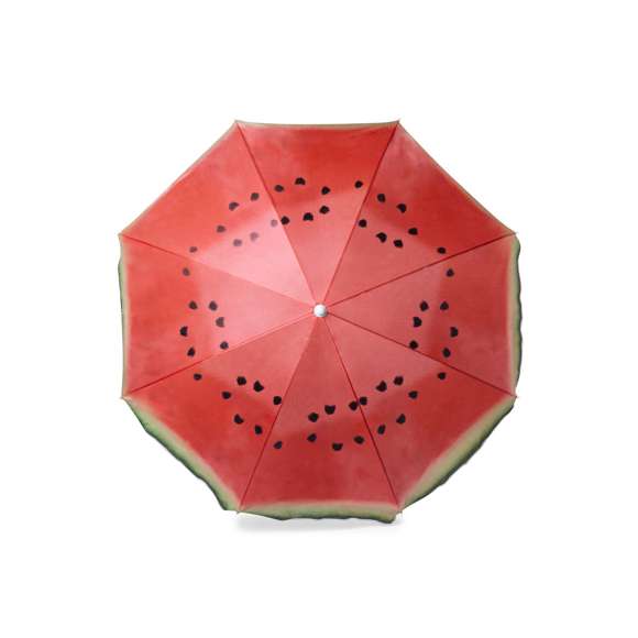 Colorida sombrilla de playa con diseños frutales. 150 cm de diámetro, con 8 paneles en resistente nylon y faldones laterales ribeteados. Tubos metalizados en color blanco y ajustable en altura. Presentada en funda transparente con cinta de transporte para hombro.