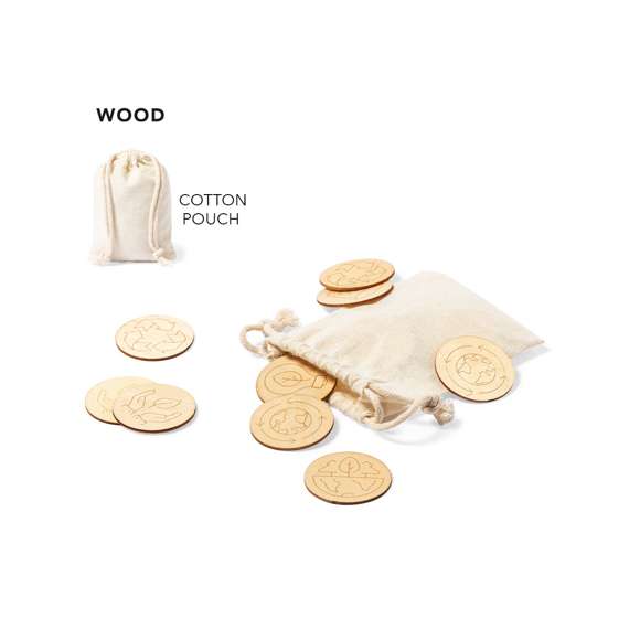 Juego de concienciación ecológica fabricado en madera. Set de 24 piezas en bolsa de transporte 100% algodón con cordones de cierre a juego.