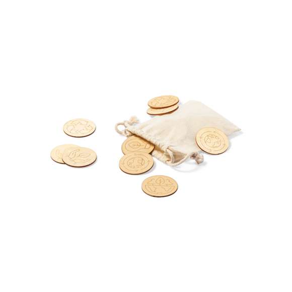 Juego de concienciación ecológica fabricado en madera. Set de 24 piezas en bolsa de transporte 100% algodón con cordones de cierre a juego.
