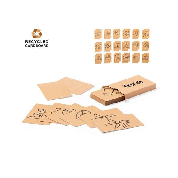 Juego de concienciación ecológica fabricado en cartón reciclado. Set de 36 tarjetas en caja individual de cartón reciclado.
