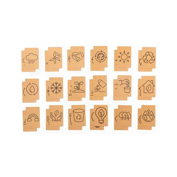Juego de concienciación ecológica fabricado en cartón reciclado. Set de 36 tarjetas en caja individual de cartón reciclado.