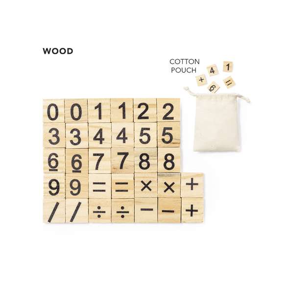 Juego de calculo fabricado en resistente madera natural de pino. Set de 32 piezas en bolsa de transporte 100% algodón con cordones de cierre a juego.