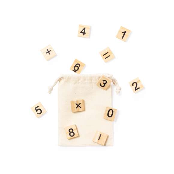 Juego de calculo fabricado en resistente madera natural de pino. Set de 32 piezas en bolsa de transporte 100% algodón con cordones de cierre a juego.