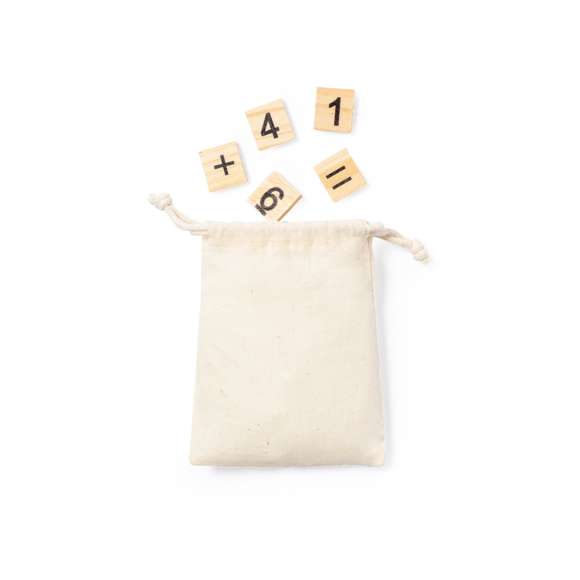Juego de calculo fabricado en resistente madera natural de pino. Set de 32 piezas en bolsa de transporte 100% algodón con cordones de cierre a juego.