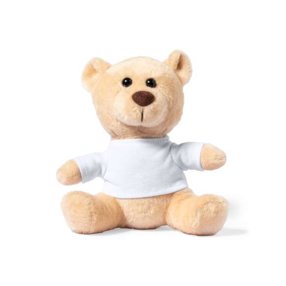  	Tierno y suave osito de peluche, disponible en tonos natural y marrón. Con camiseta blanca extraíble para fácil marcaje.