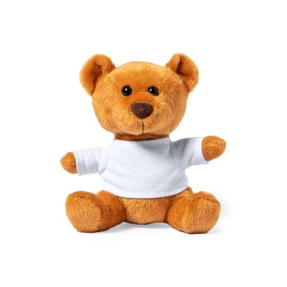  	Tierno y suave osito de peluche, disponible en tonos natural y marrón. Con camiseta blanca extraíble para fácil marcaje.