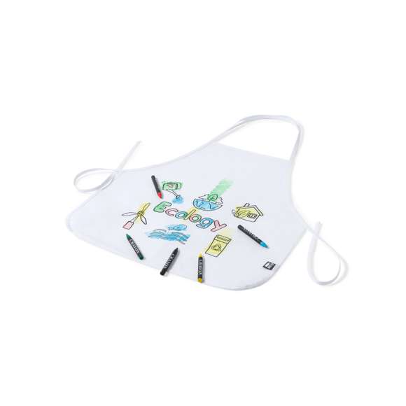 Delantal fabricado en non-woven RPET de color blanco, especialmente diseñado para colorear con ceras. Incluye 5 ceras en variados colores. Con cintas de ajuste en cuello y cintura. Distintivo RPET en etiqueta exterior.El material RPET se elabora a partir de plástico reciclado, para así fomentar la reutilización de residuos plásticos y ayudar a la sostenibilidad del planeta.