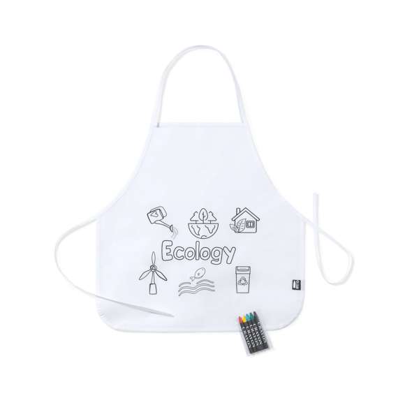Delantal fabricado en non-woven RPET de color blanco, especialmente diseñado para colorear con ceras. Incluye 5 ceras en variados colores. Con cintas de ajuste en cuello y cintura. Distintivo RPET en etiqueta exterior.El material RPET se elabora a partir de plástico reciclado, para así fomentar la reutilización de residuos plásticos y ayudar a la sostenibilidad del planeta.