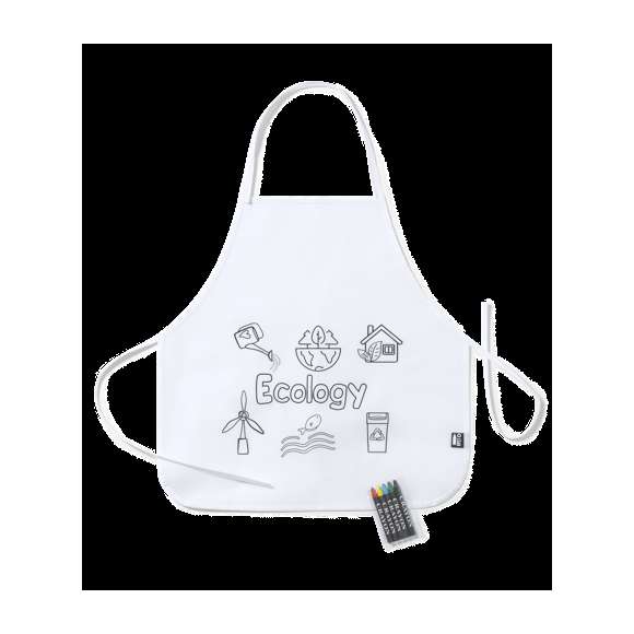 Delantal fabricado en non-woven RPET de color blanco, especialmente diseñado para colorear con ceras. Incluye 5 ceras en variados colores. Con cintas de ajuste en cuello y cintura. Distintivo RPET en etiqueta exterior.El material RPET se elabora a partir de plástico reciclado, para así fomentar la reutilización de residuos plásticos y ayudar a la sostenibilidad del planeta.