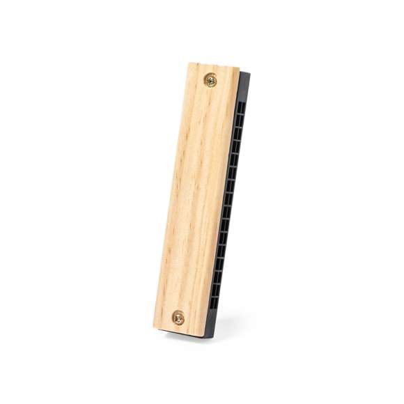 Armónica con tapas fabricadas en resistente madera natural de pino. Funda de presentación a juego con cordones de cierre.