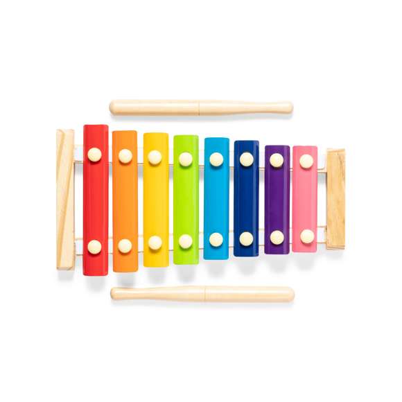 Xilófono con base y baquetas en madera natural de pino. Teclas metálicas multicolor y presentado en caja individual de diseño kraft.