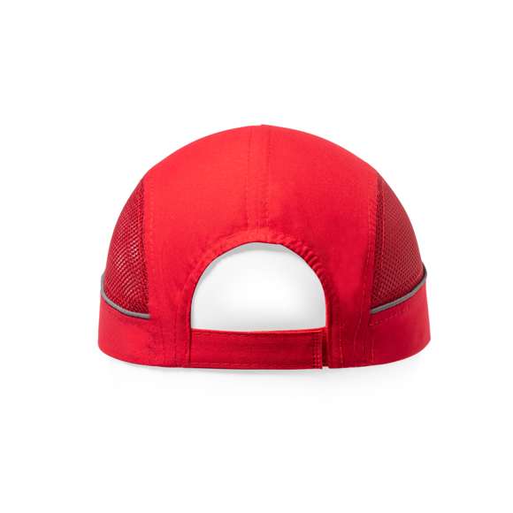 Gorra deportiva fabricada en suave y resistente microfibra. Con redecilla a juego para el sudor en paneles laterales y cierre ajustable de velcro. Con bandas reflectantes en los laterales y disponible en variada gama de colores -color blanco especial para marcaje en sublimación-.